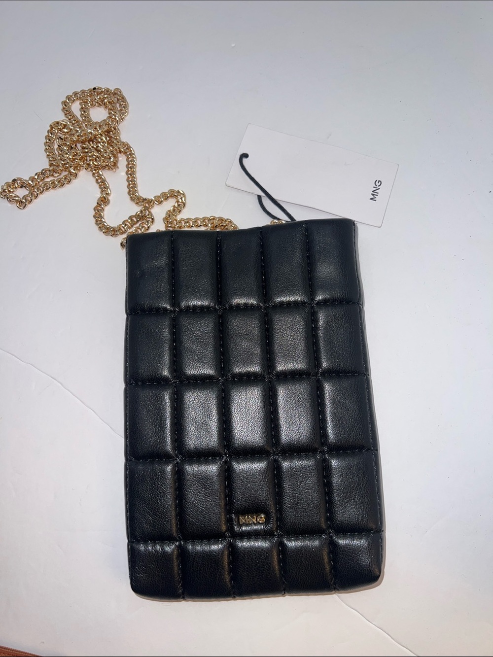 MMG Black Quilted Crossbody Phone Pouch with Gold Chain